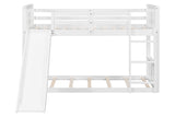 White Twin-over-Twin Low Bunk Bed with Slide, Ladder & Guardrails