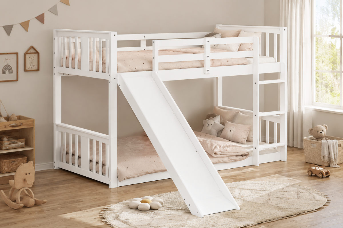 White Twin-over-Twin Low Bunk Bed with Slide, Ladder & Guardrails