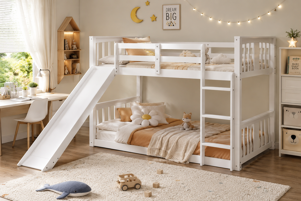 White Twin-over-Twin Low Bunk Bed with Slide, Ladder & Guardrails