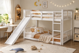 White Twin-over-Twin Low Bunk Bed with Slide, Ladder & Guardrails