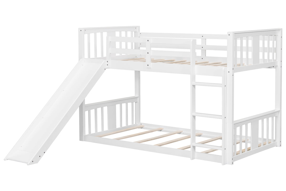 White Twin-over-Twin Low Bunk Bed with Slide, Ladder & Guardrails