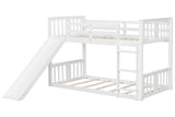 White Twin-over-Twin Low Bunk Bed with Slide, Ladder & Guardrails