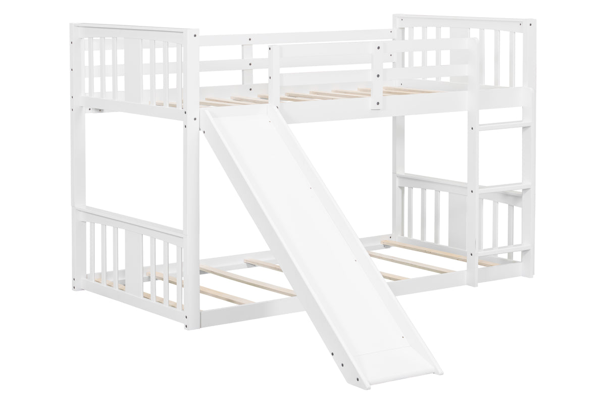White Twin-over-Twin Low Bunk Bed with Slide, Ladder & Guardrails