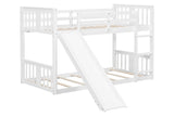 White Twin-over-Twin Low Bunk Bed with Slide, Ladder & Guardrails
