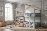Modern Farmhouse House-Frame Full-over-Full Bunk Bed with Ladder, Guard Rails & Built-In Shelf (Gray)