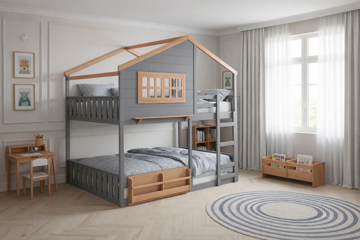 Modern Farmhouse House-Frame Full-over-Full Bunk Bed with Ladder, Guard Rails & Built-In Shelf (Gray)
