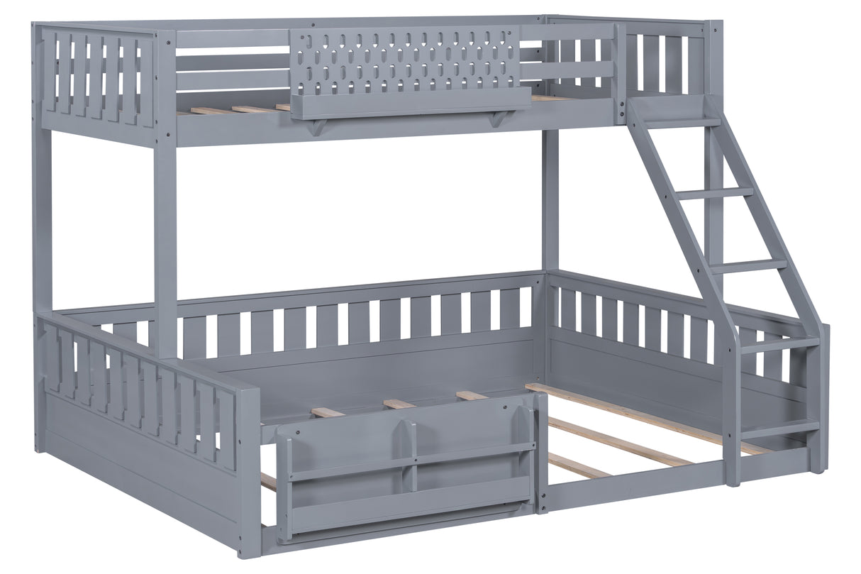 Twin Over Queen Bunk Bed with Ladder and Book Storage Shelf - Gray