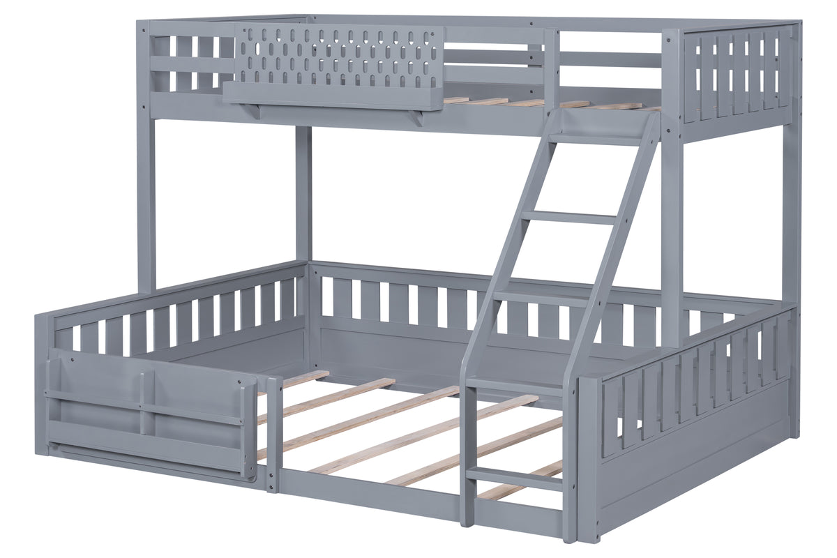Twin Over Queen Bunk Bed with Ladder and Book Storage Shelf - Gray