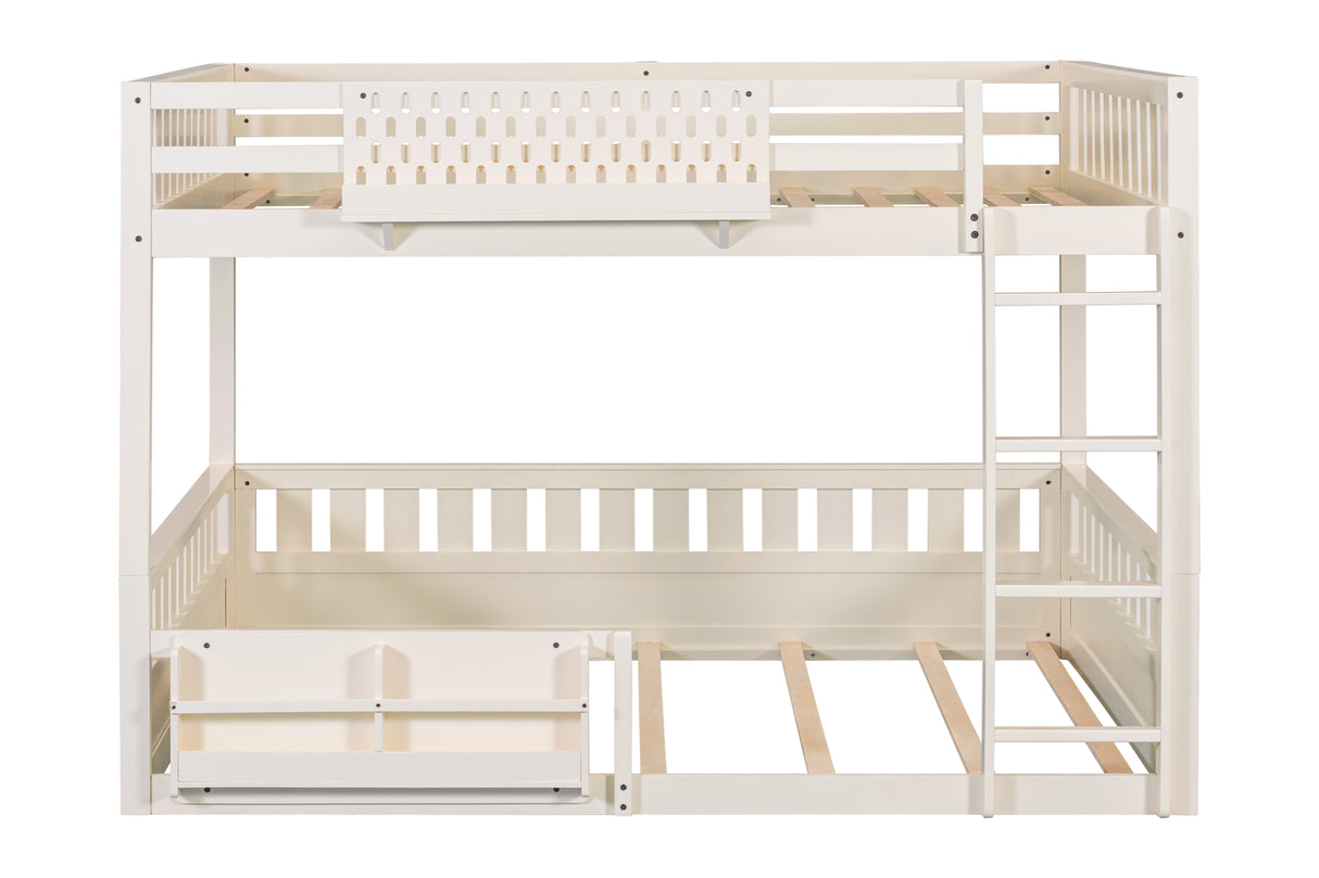 Cream Queen over Queen Wood Bunk Bed with Ladder, Shelf & Guardrails