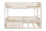 Cream Queen over Queen Wood Bunk Bed with Ladder, Shelf & Guardrails