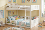 Cream Queen over Queen Wood Bunk Bed with Ladder, Shelf & Guardrails