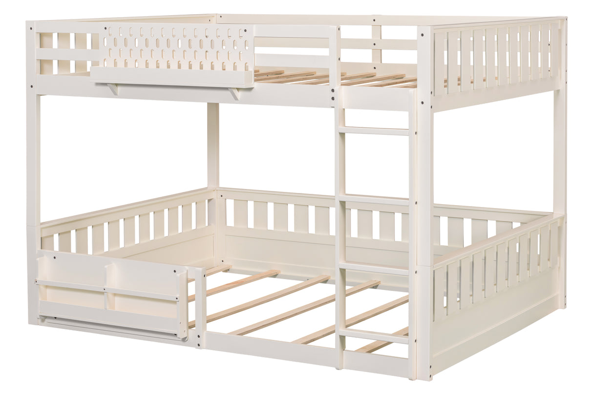 Cream Queen over Queen Wood Bunk Bed with Ladder, Shelf & Guardrails