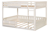Cream Queen over Queen Wood Bunk Bed with Ladder, Shelf & Guardrails