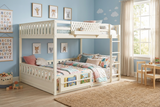 Cream Queen over Queen Wood Bunk Bed with Ladder, Shelf & Guardrails