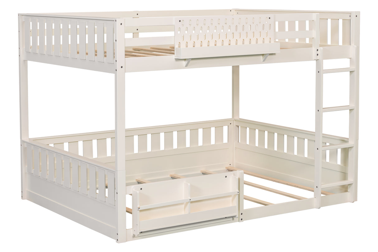Cream Queen over Queen Wood Bunk Bed with Ladder, Shelf & Guardrails