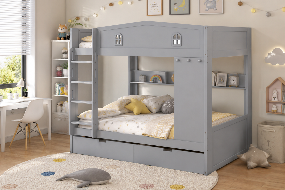 Gray Cottage House-Style Full-over-Full Bunk Bed with 2 Storage Drawers