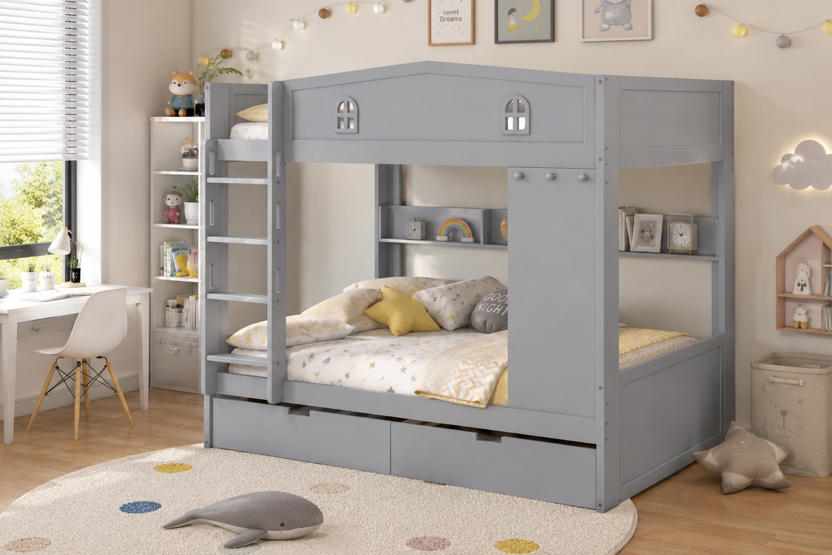 Gray Cottage House-Style Full-over-Full Bunk Bed with 2 Storage Drawers