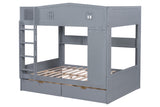 Gray Cottage House-Style Full-over-Full Bunk Bed with 2 Storage Drawers