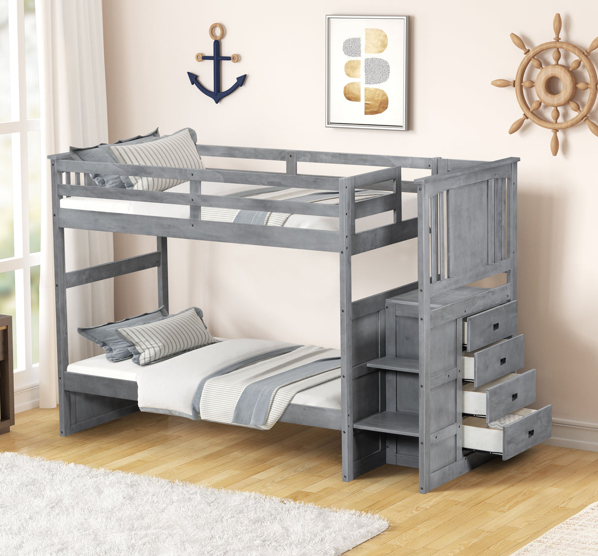 Gray Stairway Twin Over Twin Bunk Bed with Built-In Storage Drawers by Mollai Collections | Bel Furniture