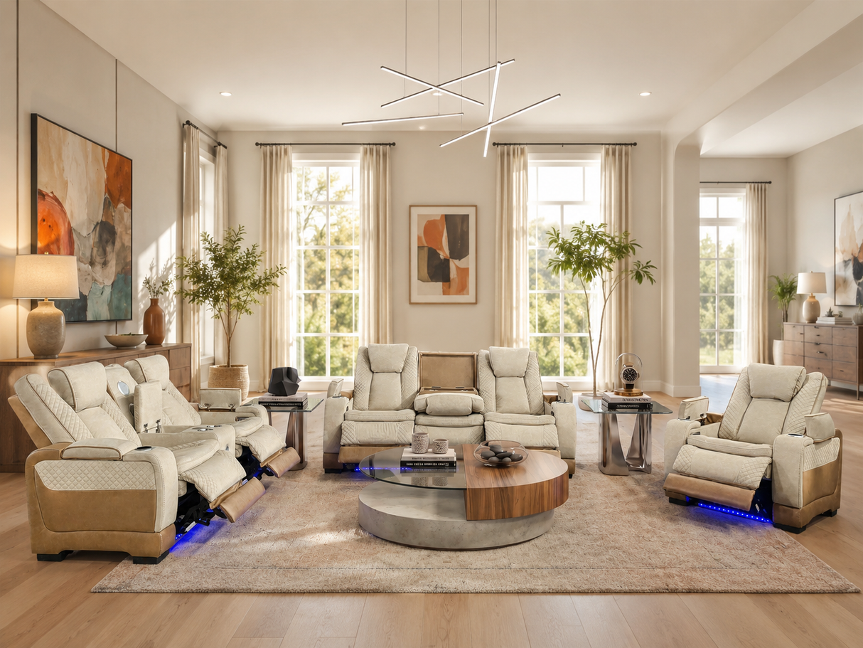Lumina 3-Piece Light Beige Triple Power Reclining Living Room Set with Audio, Wireless Charging & LED Lights