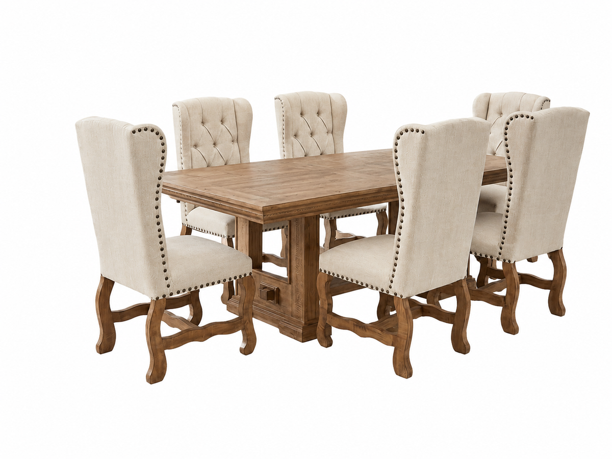 Traditional Rustic Solid Wood 7 Piece Dining Room Set with Beige Tufted Upholstered Chairs, Nailhead Trim & Pedestal Table Design