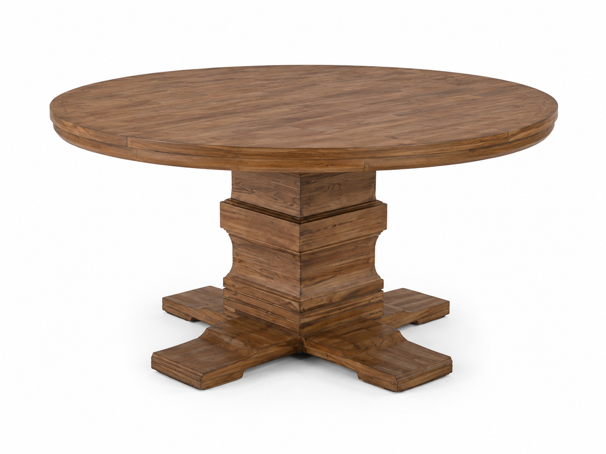 Traditional Rustic Natural Wood Round Dining Set with Beige Tufted Wingback Chairs, Nailhead Trim & Pedestal Table Design