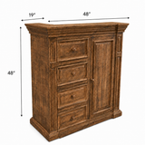 Traditional Rustic Natural Wood Chest with Drawers, Cabinet Door & Carved Panel Design