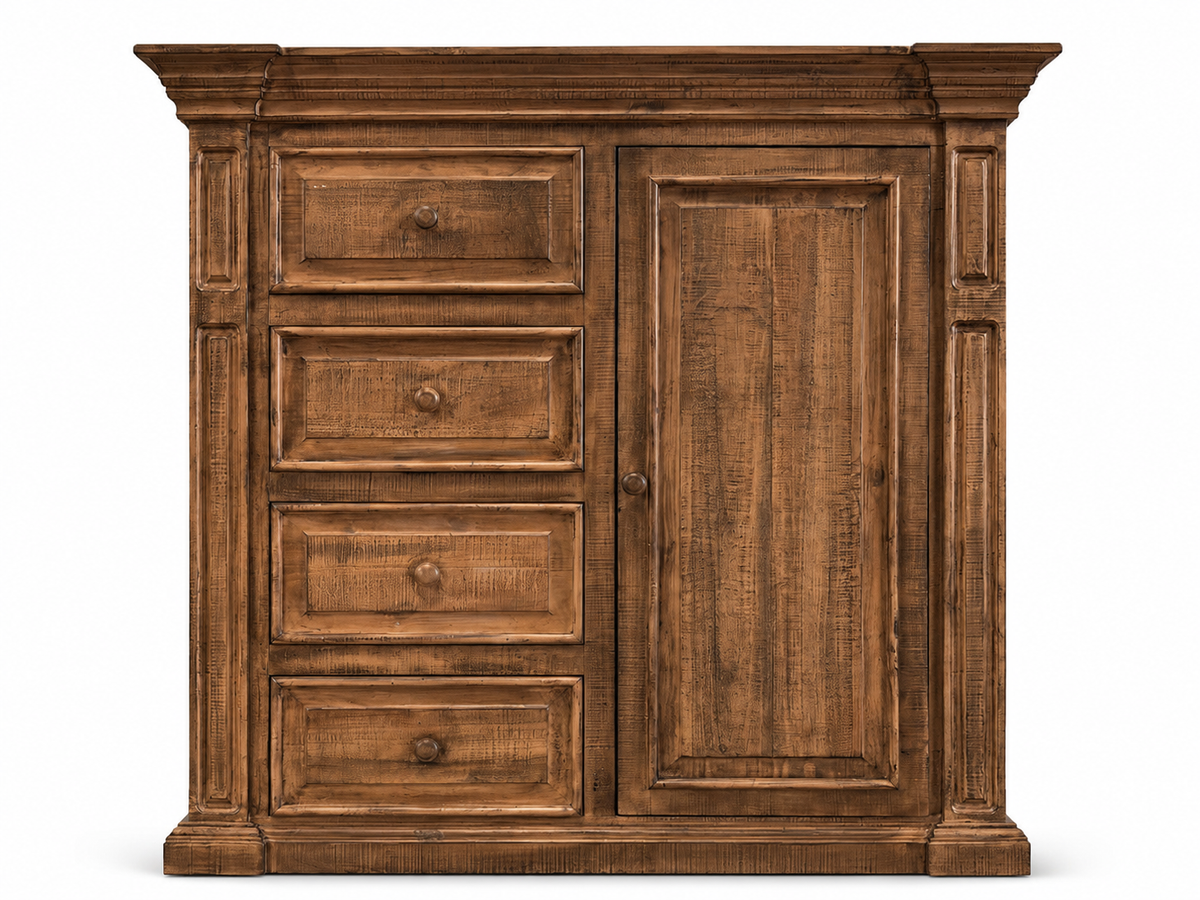 Traditional Rustic Natural Wood Chest with Drawers, Cabinet Door & Carved Panel Design