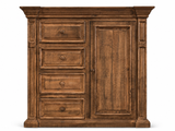 Traditional Rustic Natural Wood Chest with Drawers, Cabinet Door & Carved Panel Design