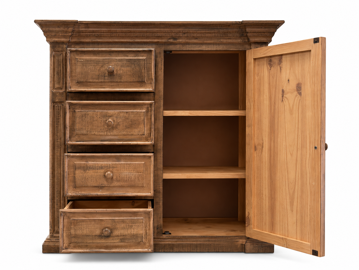 Traditional Rustic Natural Wood Chest with Drawers, Cabinet Door & Carved Panel Design