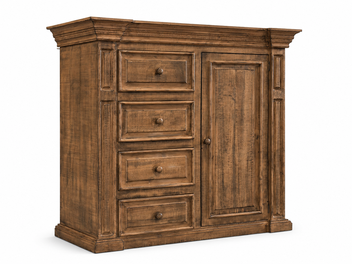 Traditional Rustic Natural Wood Chest with Drawers, Cabinet Door & Carved Panel Design