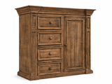 Traditional Rustic Natural Wood Chest with Drawers, Cabinet Door & Carved Panel Design