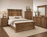 Traditional Rustic Natural Wood 6 Piece Bedroom Set with Panel Bed, Dresser, Mirror & Nightstand