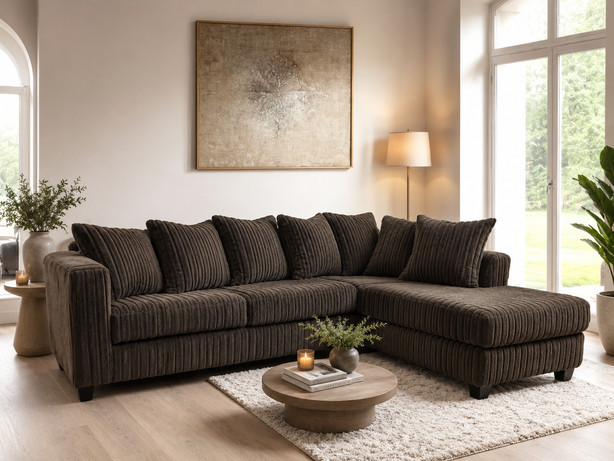 Chocolate 2 Piece Ribbed Sectional Sofa with Chaise and Plush Channel Upholstery