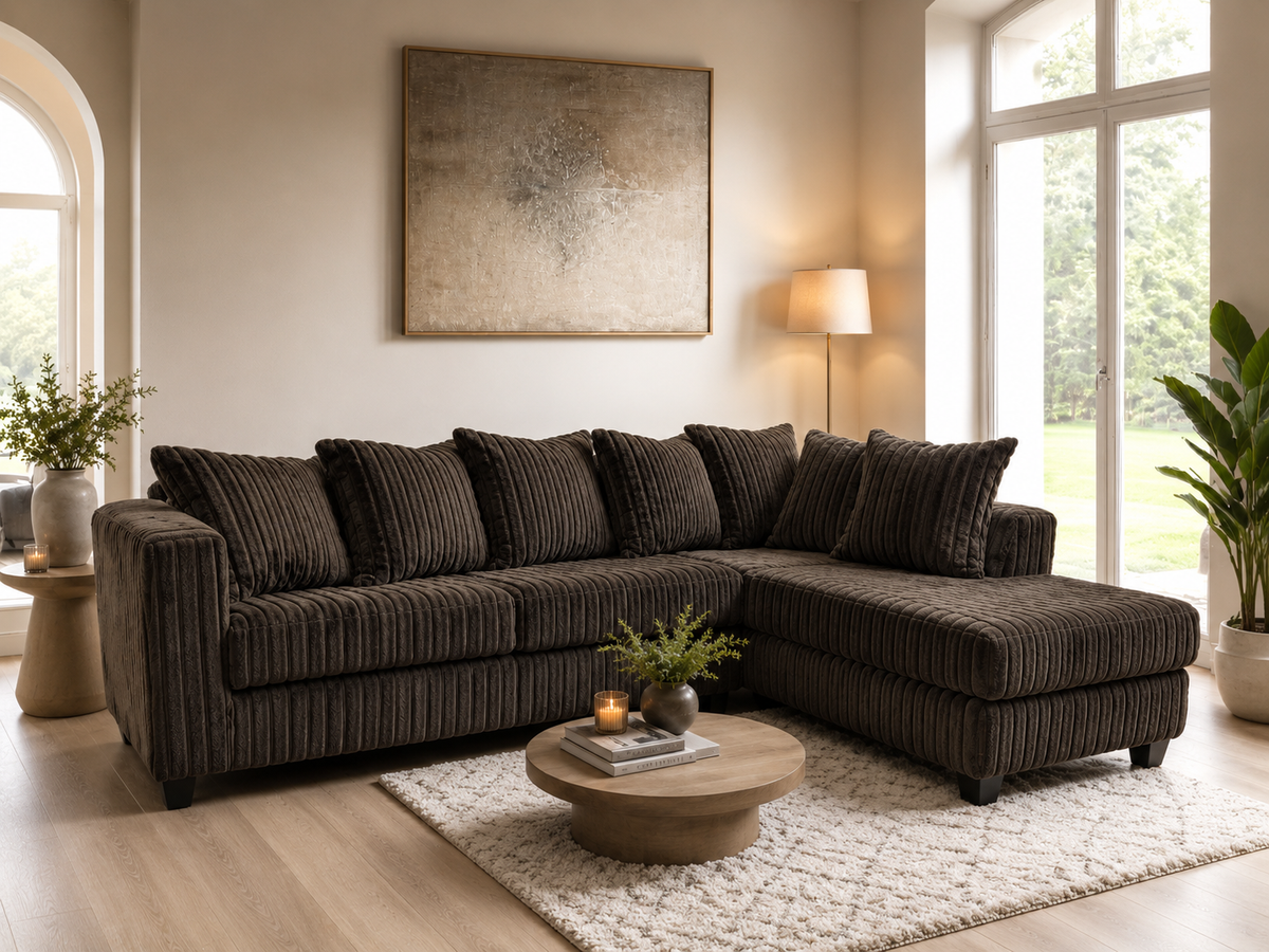 Chocolate 2 Piece Ribbed Sectional Sofa with Chaise and Plush Channel Upholstery