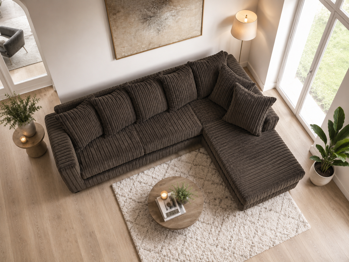 Chocolate 2 Piece Ribbed Sectional Sofa with Chaise and Plush Channel Upholstery