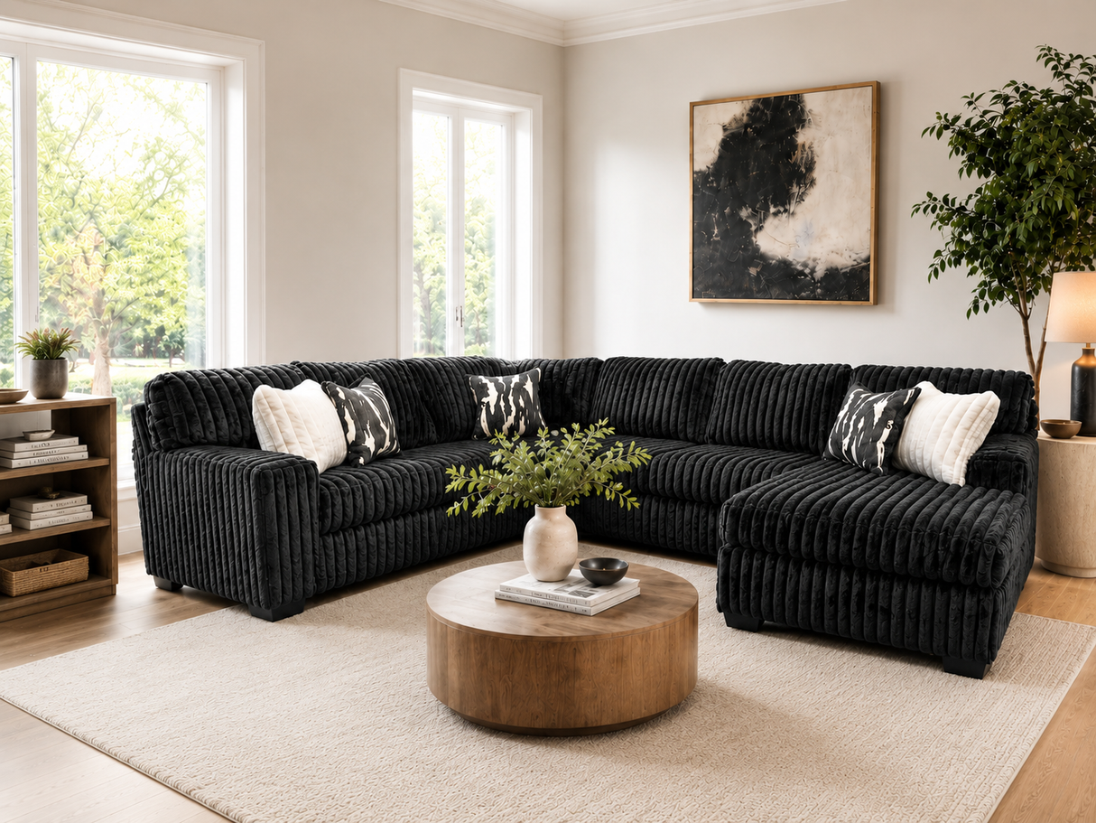 Contemporary Black Corduroy L-Shaped Sectional Sofa with Oversized Chaise, Deep Seating & Ribbed Plush Design