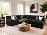 Contemporary Black Corduroy L-Shaped Sectional Sofa with Oversized Chaise, Deep Seating & Ribbed Plush Design