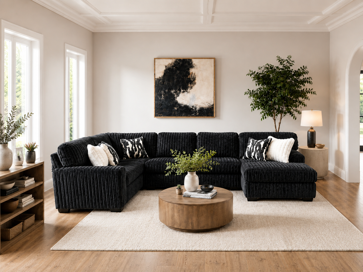 Contemporary Black Corduroy L-Shaped Sectional Sofa with Oversized Chaise, Deep Seating & Ribbed Plush Design