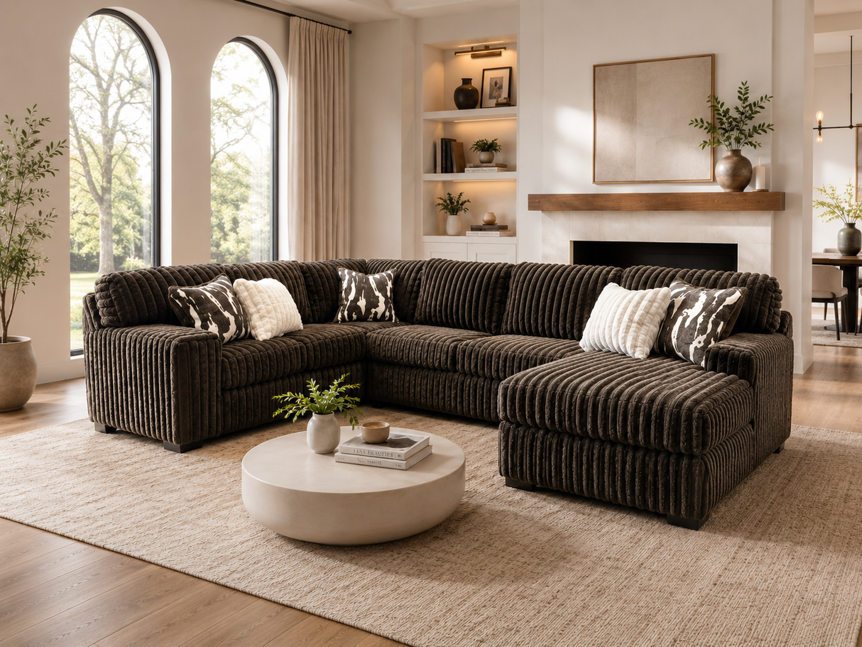 Contemporary Chocolate Brown Corduroy L-Shaped Sectional Sofa with Oversized Chaise, Deep Seating & Ribbed Plush Design