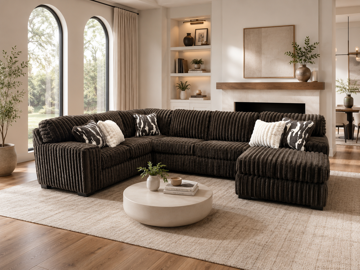 Contemporary Chocolate Brown Corduroy L-Shaped Sectional Sofa with Oversized Chaise, Deep Seating & Ribbed Plush Design