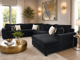 Modern Black Plush Corduroy 4 Piece Sectional Sofa with LAF Sofa, 2 Armless Chairs, RAF Chaise & 9 Pillows