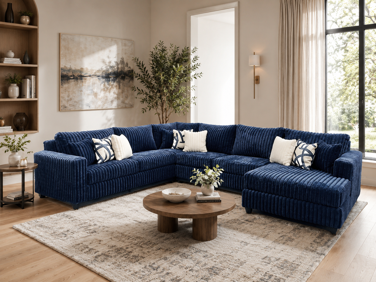 Modern Navy Blue Plush Corduroy 4 Piece Sectional Sofa with LAF Sofa, 2 Armless Chairs, RAF Chaise & 9 Pillows