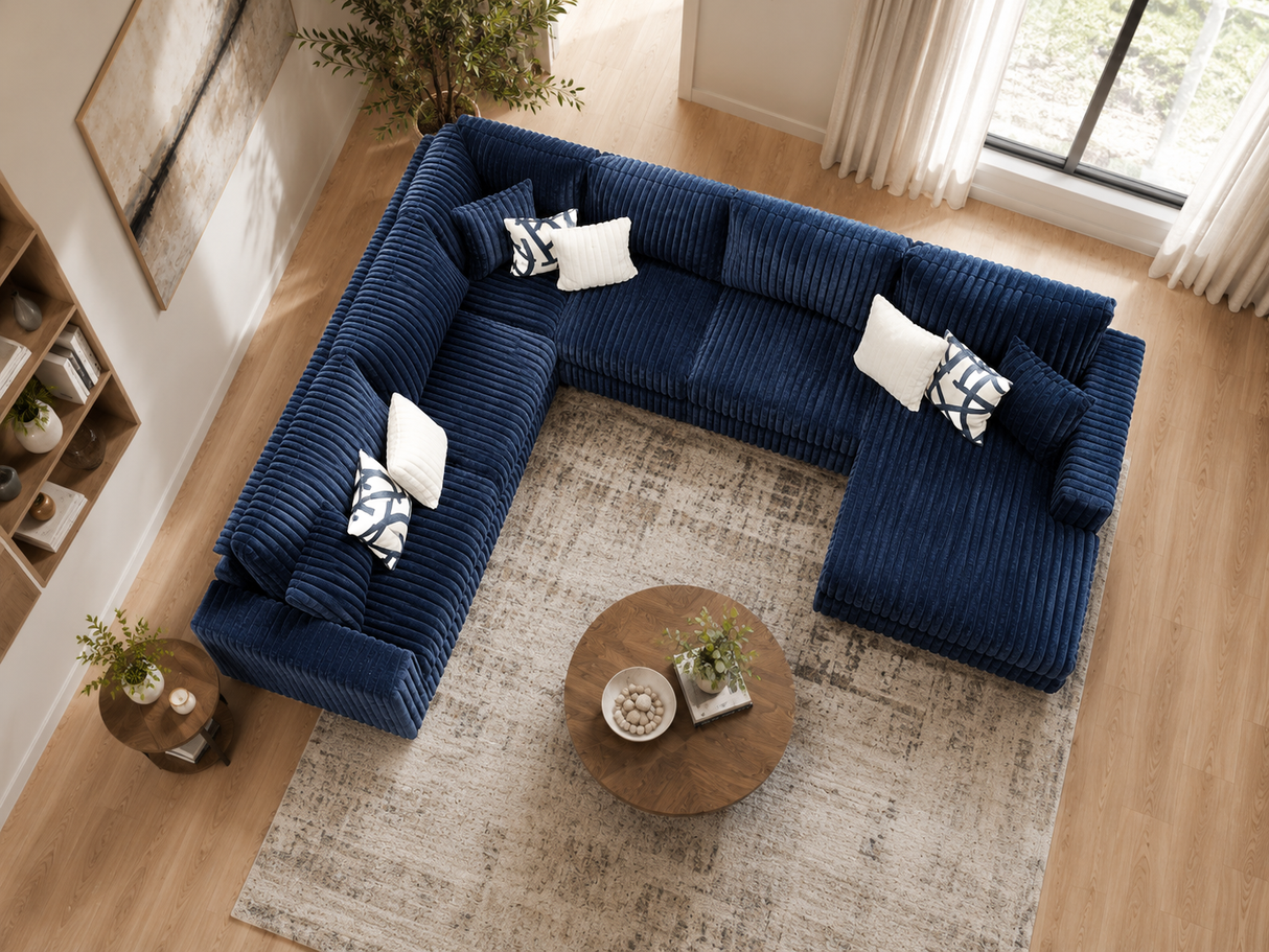 Modern Navy Blue Plush Corduroy 4 Piece Sectional Sofa with LAF Sofa, 2 Armless Chairs, RAF Chaise & 9 Pillows