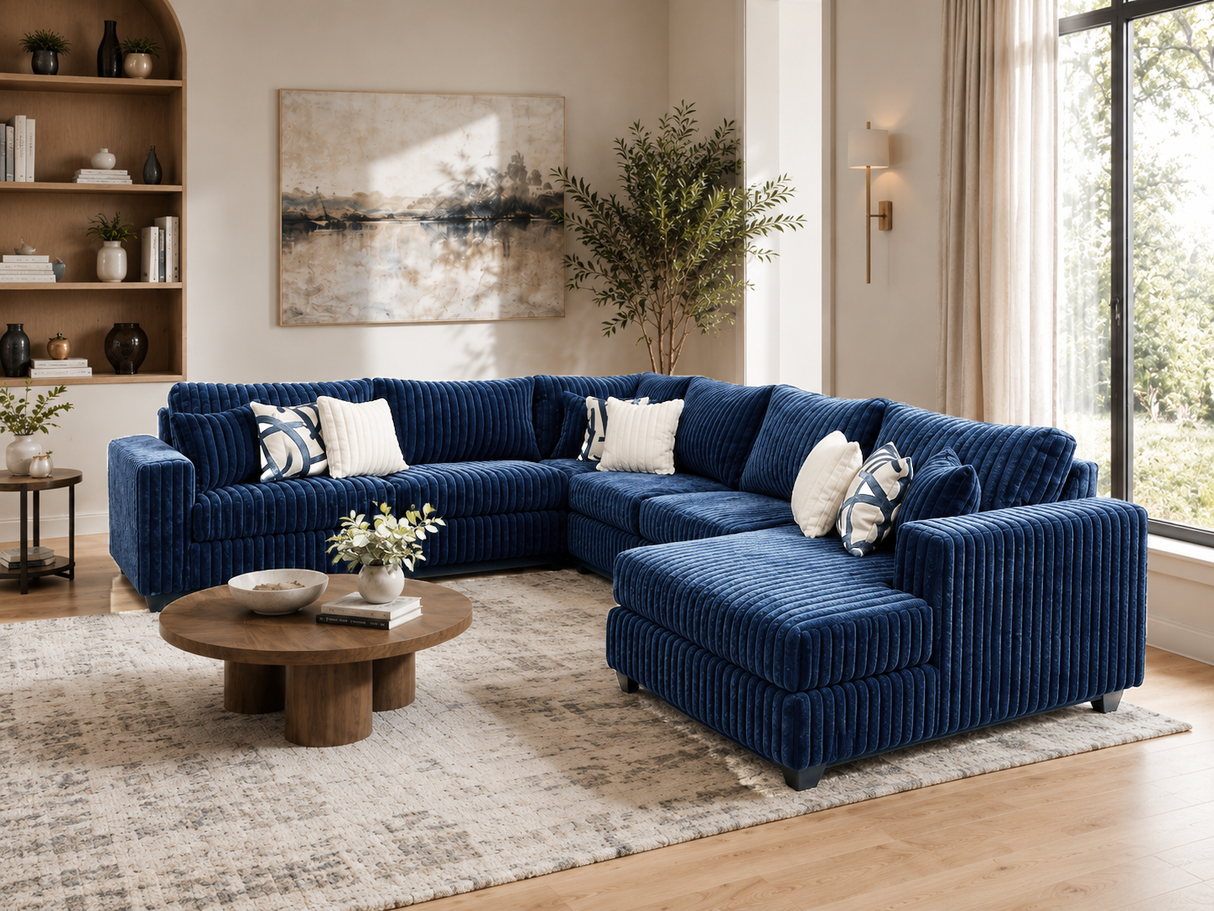 Modern Navy Blue Plush Corduroy 4 Piece Sectional Sofa with LAF Sofa, 2 Armless Chairs, RAF Chaise & 9 Pillows