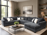 Modern Charcoal Corduroy 4 Piece Sectional with RAF Chaise and 9 Pillows