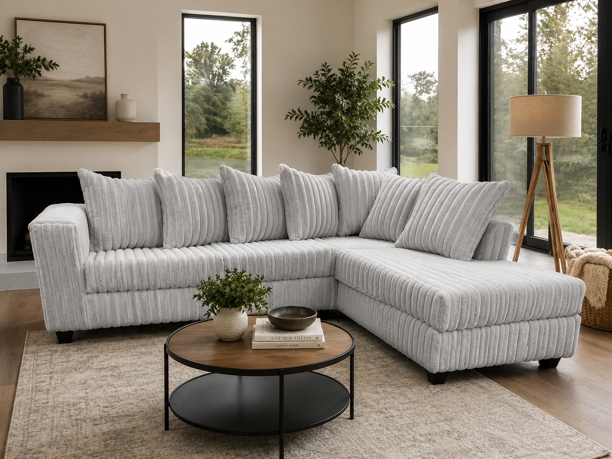 Modern Gray Plush Corduroy Fabric 2-Piece L-Shaped Sectional Sofa with RAF Chaise