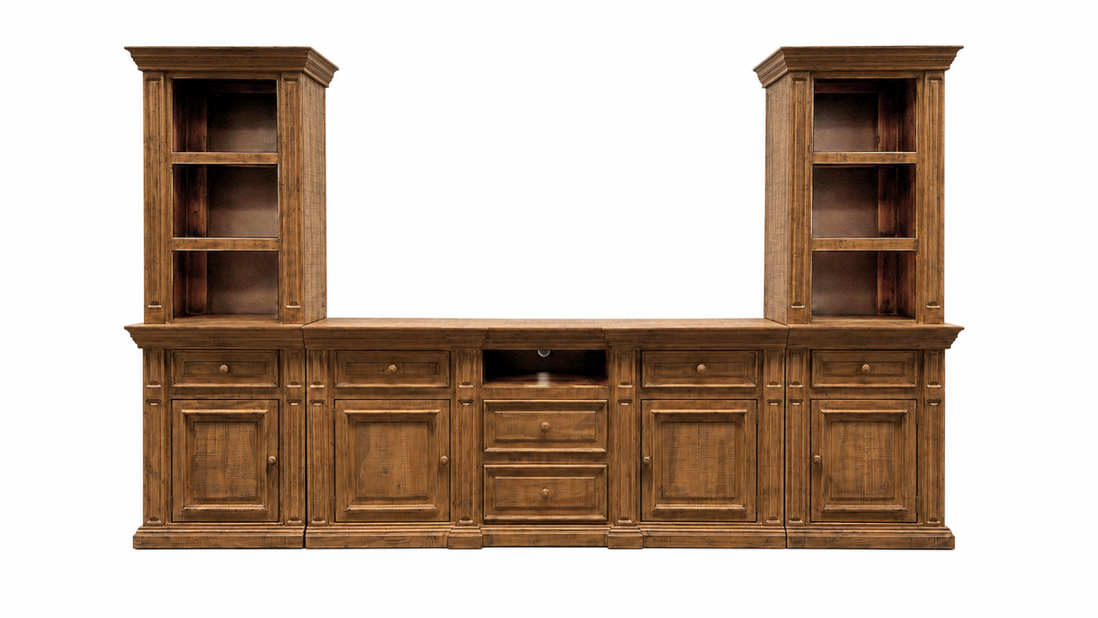Rustic Brown 3-Piece Entertainment Wall Unit with Bookcase Piers & Storage Console