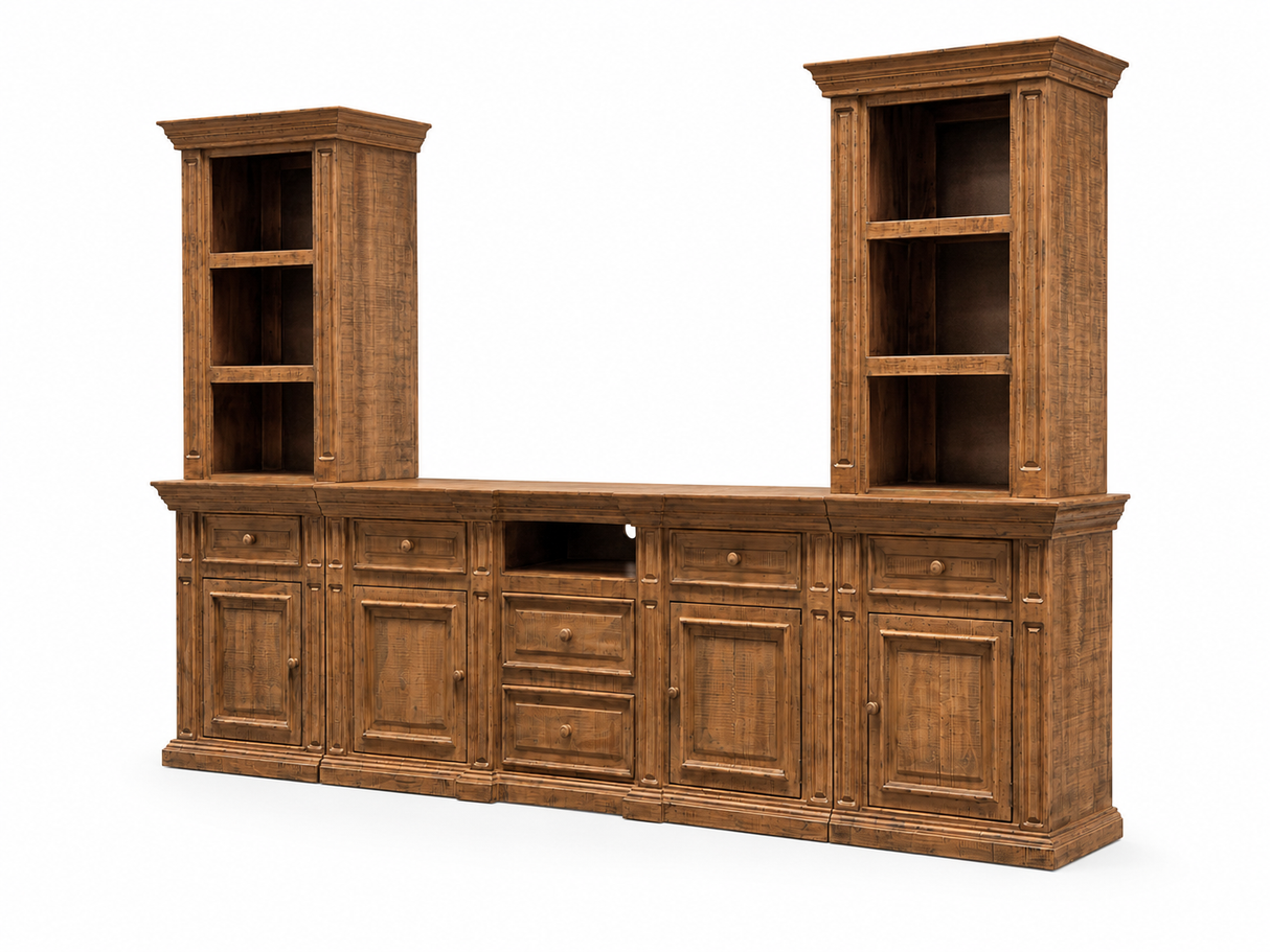 Rustic Brown 3-Piece Entertainment Wall Unit with Bookcase Piers & Storage Console