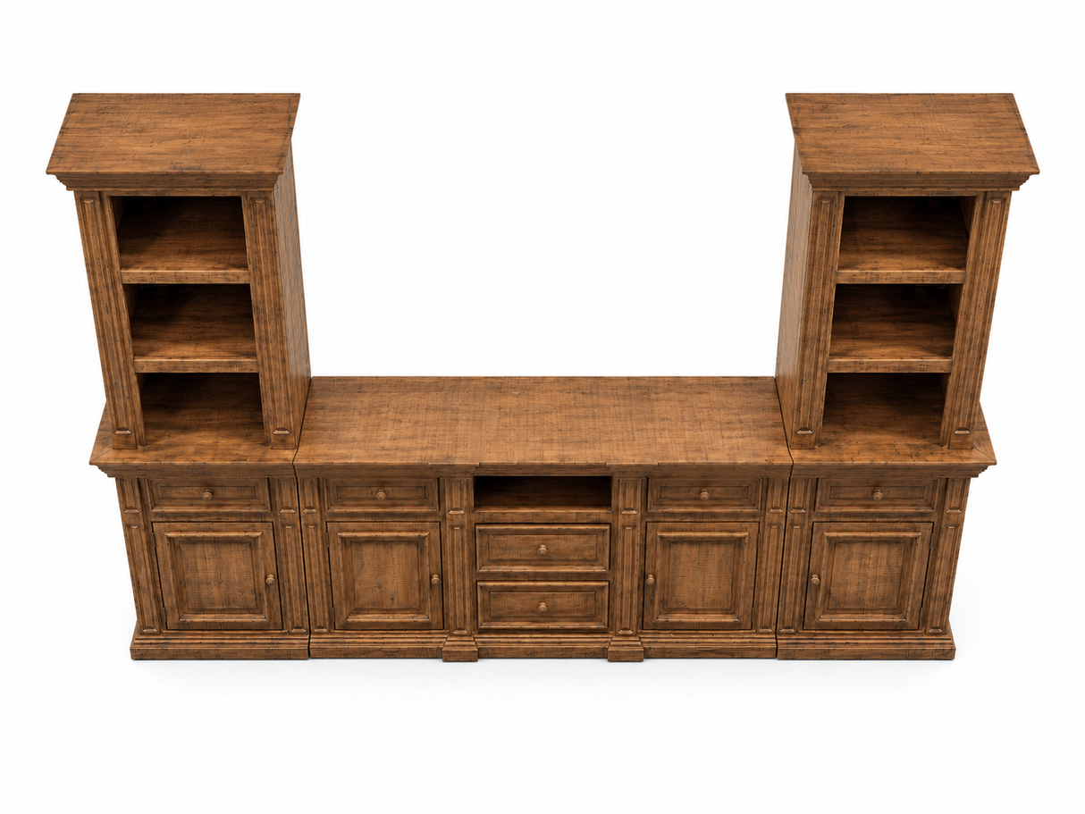 Rustic Brown 3-Piece Entertainment Wall Unit with Bookcase Piers & Storage Console